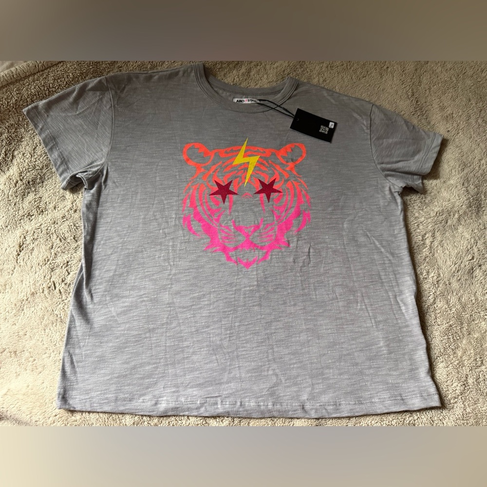 A.P.C. Gray Tee with Neon Pink Tiger and Yellow Lightning